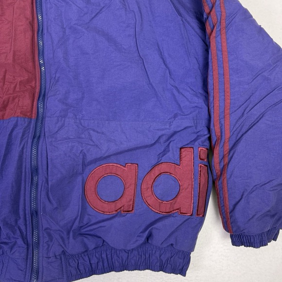 Vintage 90s Adidas Big Logo Wrap Around Puffer Jacket XL Blue Maroon Quilted - Picture 4 of 10